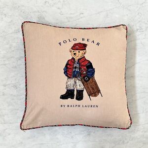 Polo Bear Ralph Lauren Winter Sled Throw Pillow Tan Denim Plaid Trim Vintage 18"